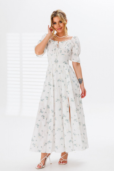 Платье из хлопка с отрезным лифом и драпировками для повседневного стиля Marshop M110-3К белый-зеленый - фото 3