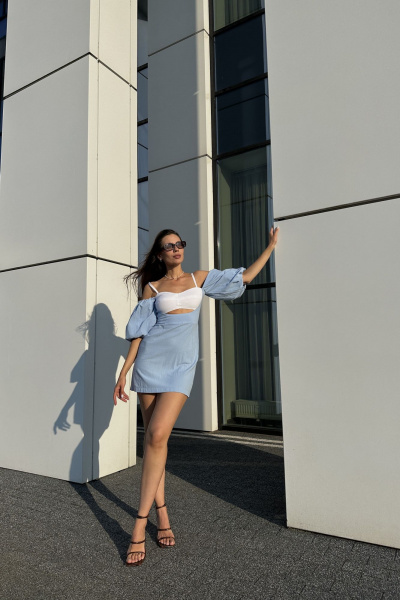 Платье летнее приталенное с рукавами 32,6 см из хлопка Marshop М111-2 голубой - фото 9