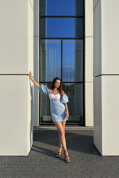 Платье летнее приталенное с рукавами 32,6 см из хлопка Marshop М111-2 голубой - фото 7