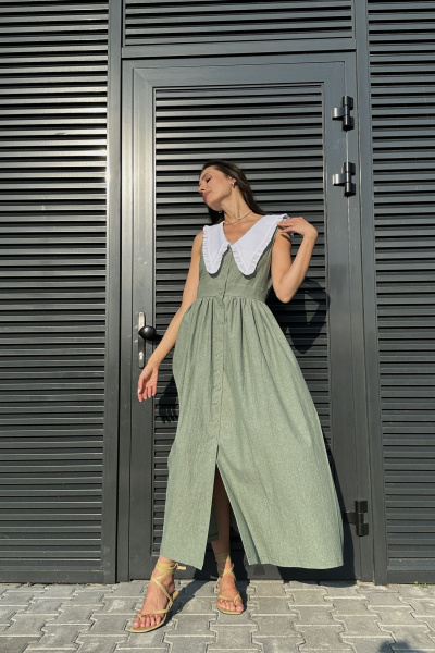 Платье умеренного объема с V-образным вырезом и отложным воротником Marshop М114-1 зеленый - фото 3