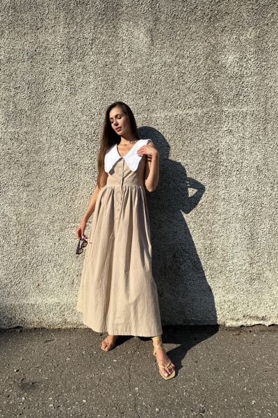 Платье приталенное с сборкой на юбке из вареного хлопка Marshop М114-2 кофейный - фото 3