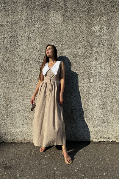 Платье приталенное с сборкой на юбке из вареного хлопка Marshop М114-2 кофейный - фото 1