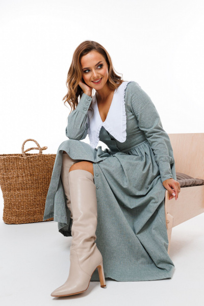 Платье приталенное с объемной юбкой, V-образным вырезом из хлопка Marshop М129 серо-зеленое - фото 9