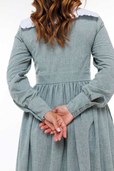 Платье приталенное с объемной юбкой, V-образным вырезом из хлопка Marshop М129 серо-зеленое - фото 7