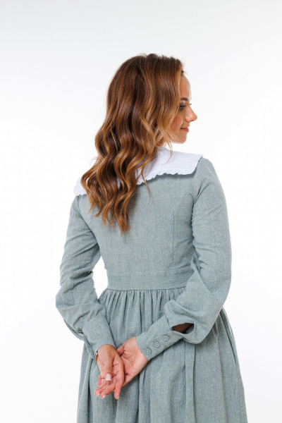 Платье приталенное с объемной юбкой, V-образным вырезом из хлопка Marshop М129 серо-зеленое - фото 6