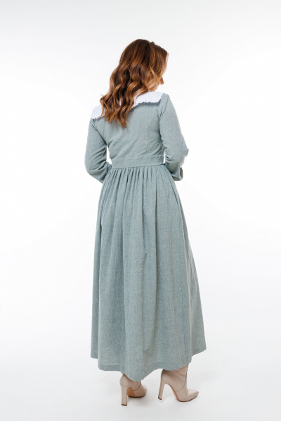 Платье приталенное с объемной юбкой, V-образным вырезом из хлопка Marshop М129 серо-зеленое - фото 5