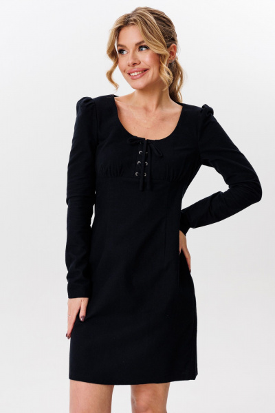 Платье приталенное с имитацией шнуровки из фланели для демисезона Marshop M162-К черный - фото 4