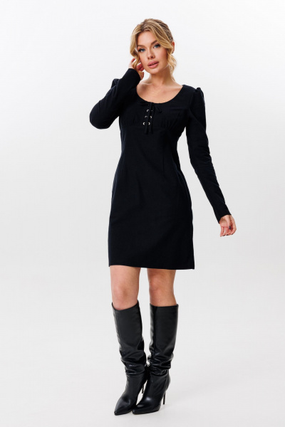 Платье приталенное с имитацией шнуровки из фланели для демисезона Marshop M162-К черный - фото 3