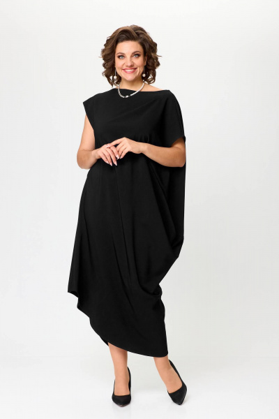 Черное нарядное платье со складками и вырезом — свободный крой Solomeya Lux 975Б черный - фото 1