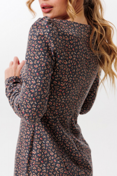 Платье миди с глубоким вырезом и имитацией шнуровки из хлопка Marshop M162 серый_цветочек - фото 6