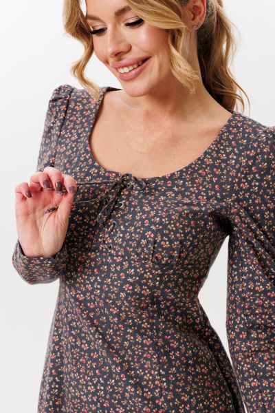 Платье миди с глубоким вырезом и имитацией шнуровки из хлопка Marshop M162 серый_цветочек - фото 5