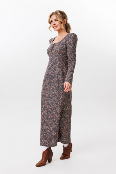 Платье миди с глубоким вырезом и имитацией шнуровки из хлопка Marshop M162 серый_цветочек - фото 4