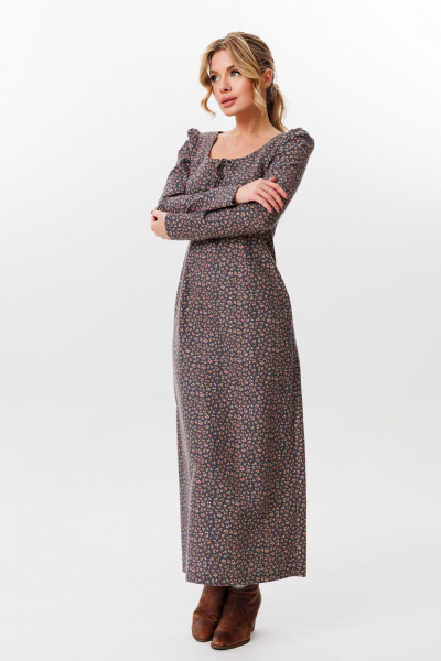 Платье миди с глубоким вырезом и имитацией шнуровки из хлопка Marshop M162 серый_цветочек - фото 3