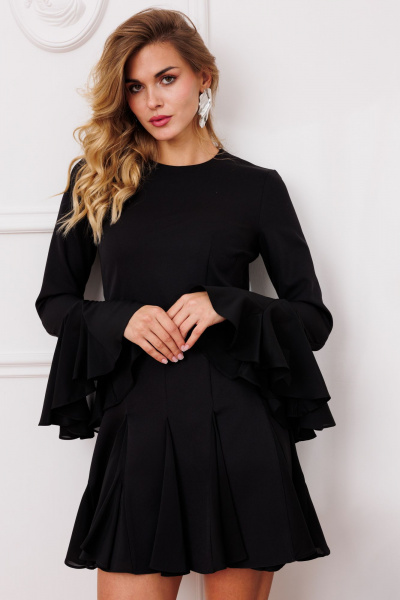 Черное платье с летящей юбкой и изящными рукавами Marshop М166 черный - фото 6