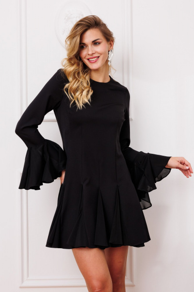 Черное платье с летящей юбкой и изящными рукавами Marshop М166 черный - фото 3