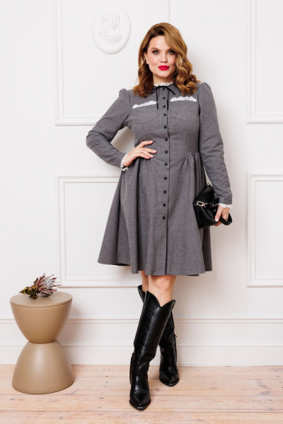 Платье с заниженной талией и кружевом из фланели Marshop М165 серый - фото 6