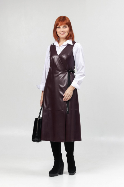Сарафан из эко-кожи с запахом и отрезной талией Соджи 640 бордовый - фото 6