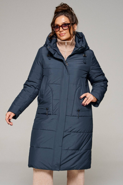 Пальто зима из текстиля с капюшоном и карманами Beautiful&Free 6292 синий - фото 3