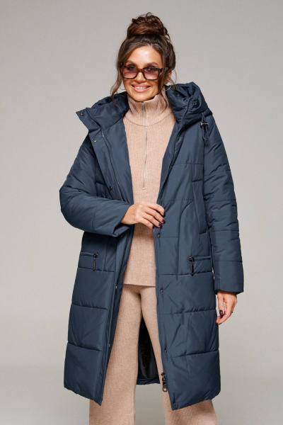 Пальто зима из текстиля с капюшоном и карманами Beautiful&Free 6292 синий - фото 2