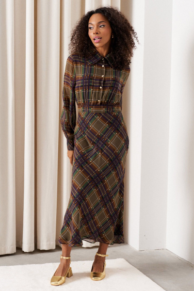 Платье миди из шелка с косым кроем и сборками C. of PAPAYA NEW 1746 клетка_мультиколор - фото 3