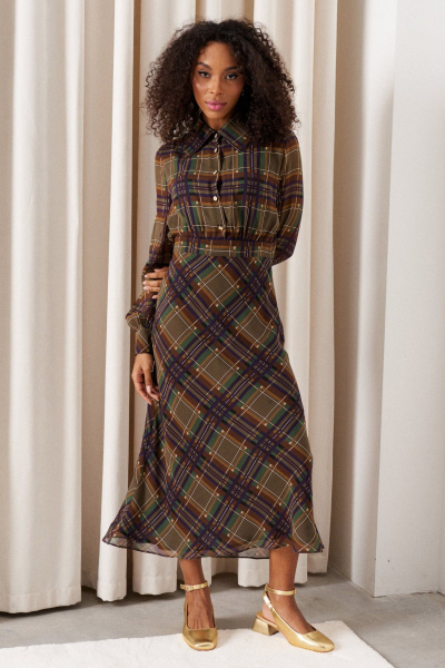 Платье миди из шелка с косым кроем и сборками C. of PAPAYA NEW 1746 клетка_мультиколор - фото 1