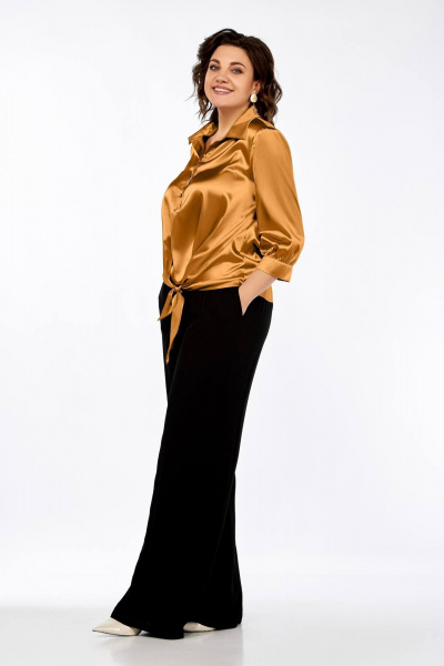 Оранжевая нарядная блуза из текстиля с рубашечным воротником Ольга Стиль С-878 янтарный - фото 4
