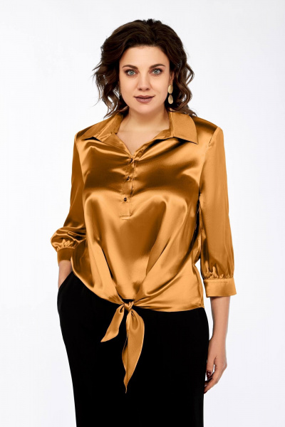 Оранжевая нарядная блуза из текстиля с рубашечным воротником Ольга Стиль С-878 янтарный - фото 3