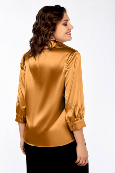 Оранжевая нарядная блуза из текстиля с рубашечным воротником Ольга Стиль С-878 янтарный - фото 2