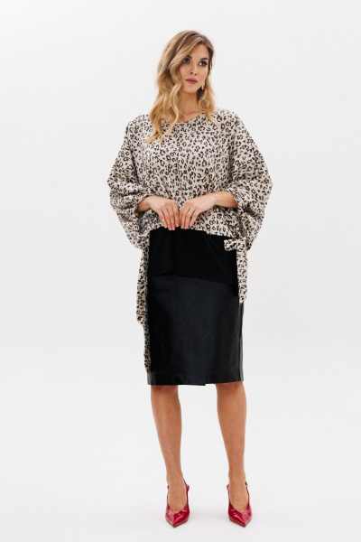 Блуза и юбка большие размеры, кожаная юбка, демисезон Anastasia 1182 платина/черный - фото 4