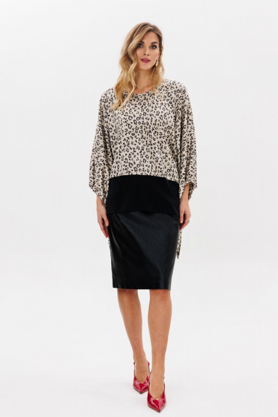Блуза и юбка большие размеры, кожаная юбка, демисезон Anastasia 1182 платина/черный - фото 2