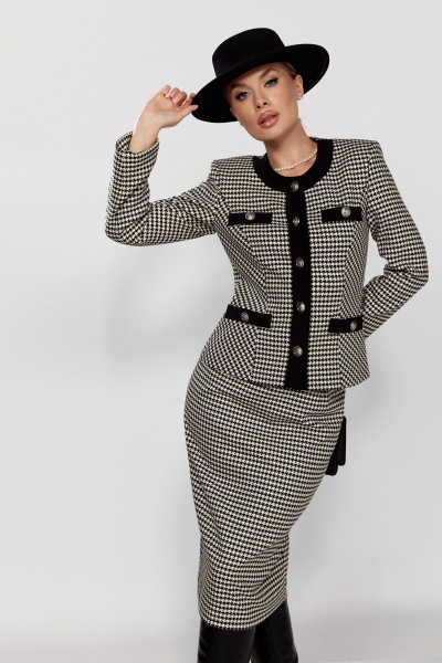 Костюм из трикотажа в стиле CHANEL с юбкой и жакетом DOGGI 1645 бежевый+черный - фото 9