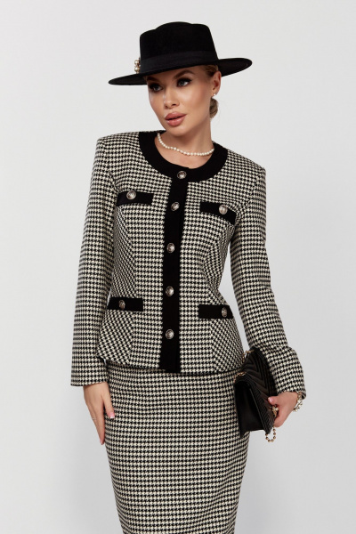 Костюм из трикотажа в стиле CHANEL с юбкой и жакетом DOGGI 1645 бежевый+черный - фото 4