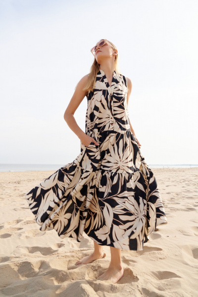 Летнее текстильное платье бежевое и черное для повседневных look BURVIN 9460-81 - фото 2