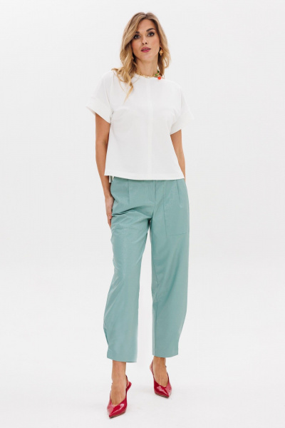 Бирюзовый и молочный комплект из топа и брюк из текстиля Anastasia 979 молоко/мята - фото 4