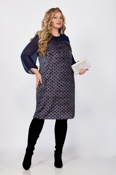 Платье из трикотажа и шифона с горловиной лодочка VOLNA 1393 сине-графитовый - фото 3