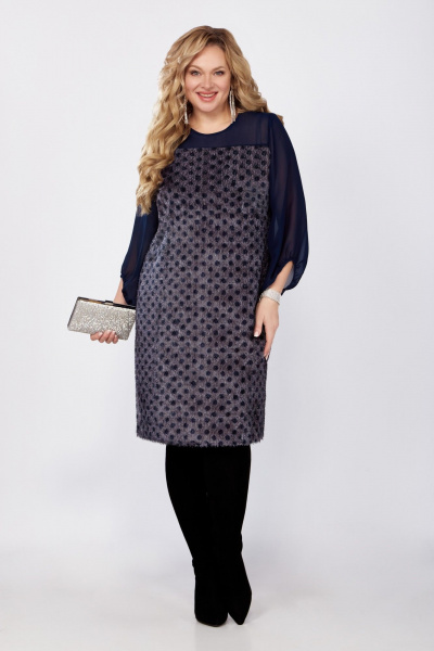 Платье из трикотажа и шифона с горловиной лодочка VOLNA 1393 сине-графитовый - фото 2