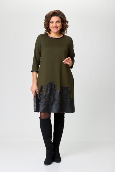 Платье трапециевидное из трикотажа с вышивкой из эко кожи Michel chic 2140 хаки - фото 2