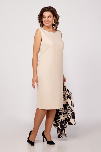 Жакет и платье костюм из поливискозной ткани с принтом Swallow 797 бежевый,принт"чёрные_цветы" - фото 11