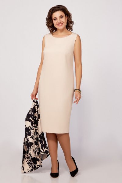 Жакет и платье костюм из поливискозной ткани с принтом Swallow 797 бежевый,принт"чёрные_цветы" - фото 10