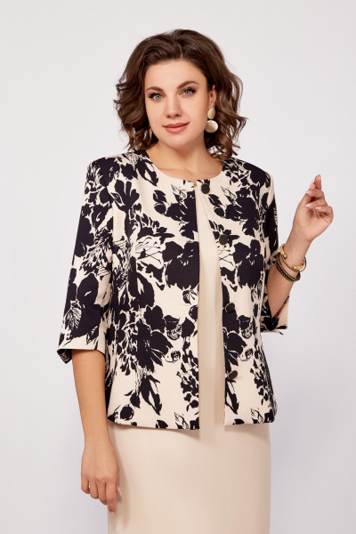 Жакет и платье костюм из поливискозной ткани с принтом Swallow 797 бежевый,принт"чёрные_цветы" - фото 7