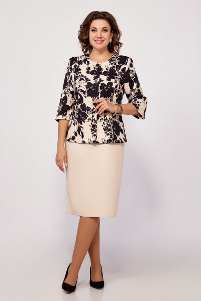Жакет и платье костюм из поливискозной ткани с принтом Swallow 797 бежевый,принт"чёрные_цветы" - фото 2