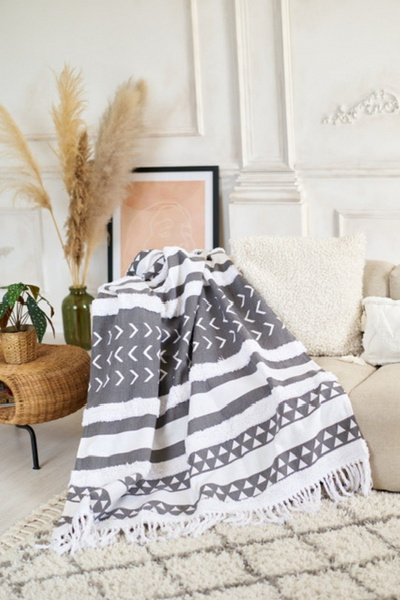 Мягкий хлопковый плед с бахромой и скандинавским стилем Anastasia Р1А11 графит - фото 1