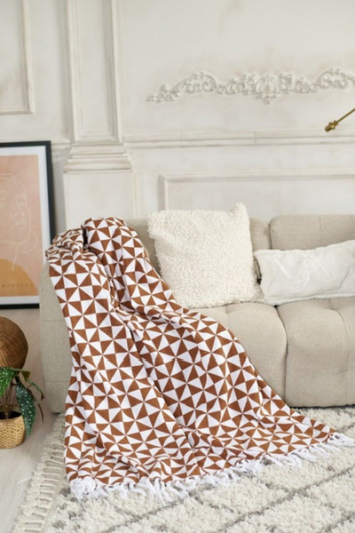 Круглогодичный хлопковый плед с бахромой в скандинавском стиле Anastasia Р1А17 терракот(треугольники) - фото 1