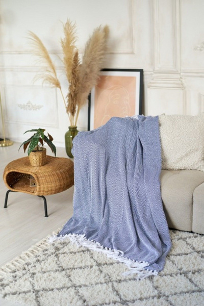 Круглогодичный хлопковый плед с бахромой в скандинавском стиле Anastasia Р1А18 деним - фото 1