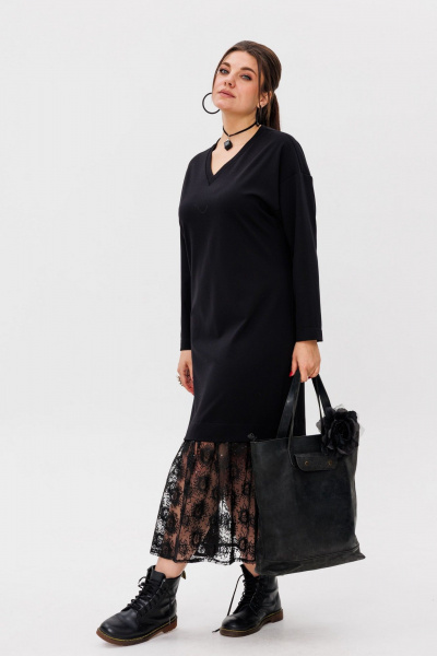 Платье-универсал с V-образным вырезом и гипюром Anelli 1518 ворона - фото 3