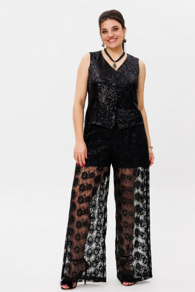 Черные кружевные брюки-палаццо с пайетками, эффектные, нарядные Anelli 1517 роскошь - фото 9