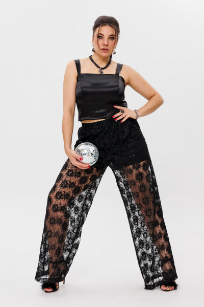 Черные кружевные брюки-палаццо с пайетками, эффектные, нарядные Anelli 1517 роскошь - фото 3