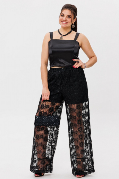 Черные кружевные брюки-палаццо с пайетками, эффектные, нарядные Anelli 1517 роскошь - фото 1