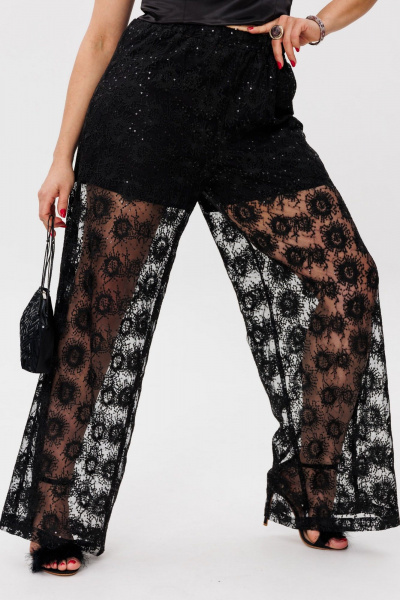 Черные кружевные брюки-палаццо с пайетками, эффектные, нарядные Anelli 1517 роскошь - фото 13