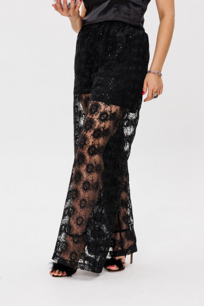 Черные кружевные брюки-палаццо с пайетками, эффектные, нарядные Anelli 1517 роскошь - фото 10